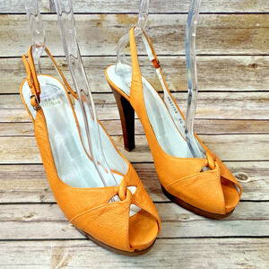 Stuart Weitzman Womens Orange Leather Peep Toe Slingback Stacked Heel Shoes